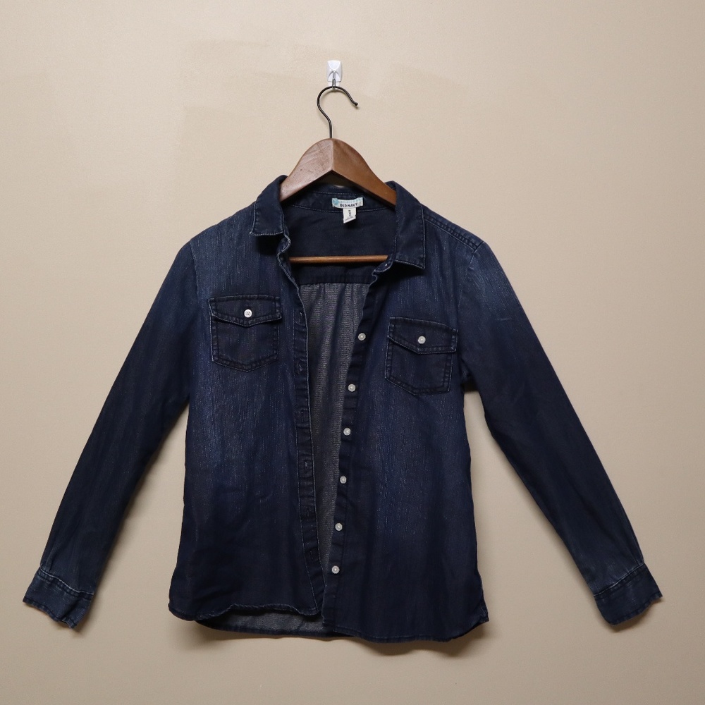Dark Blue Denim Textured Button Down Top